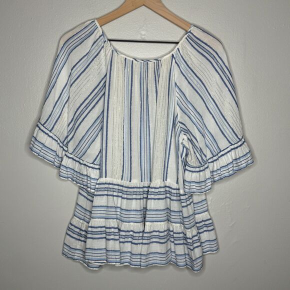 Cato Womens Blouse Large White Blue Gold Striped Boho‎ Ruffle Coastal Nautical - Picture 2 of 9